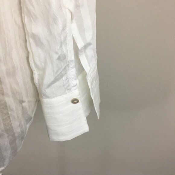 VINCE White Textured Striped Semi Sheer Fabric Long Sleeve Button Shirt - Picture 6 of 16